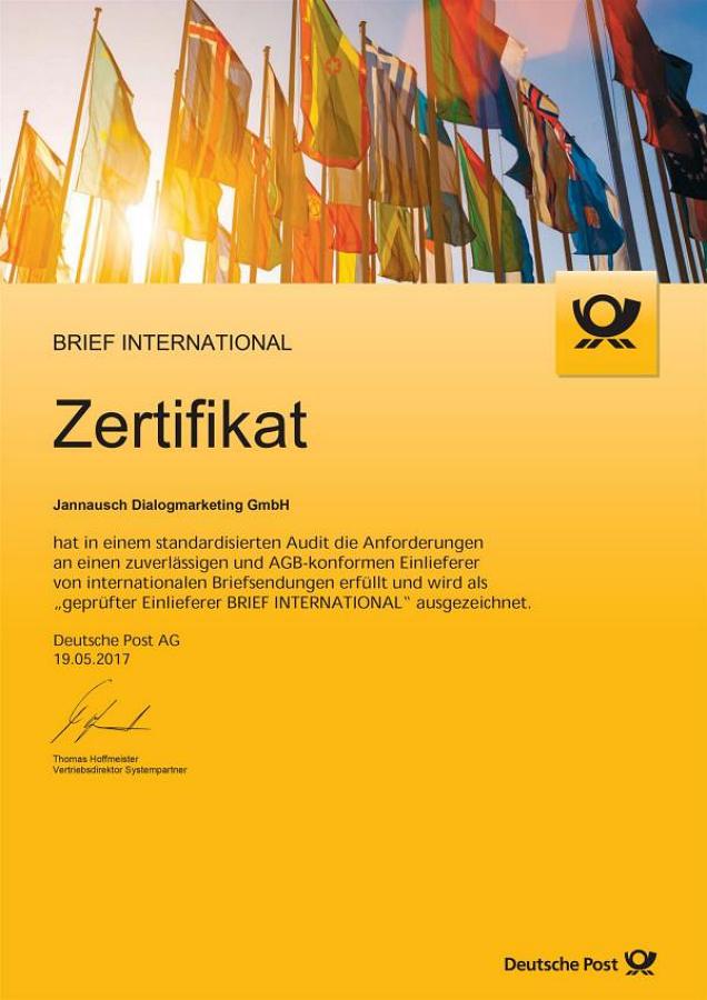 Brief International Zertifizierter-einlieferer Deutsche Post Jannausch